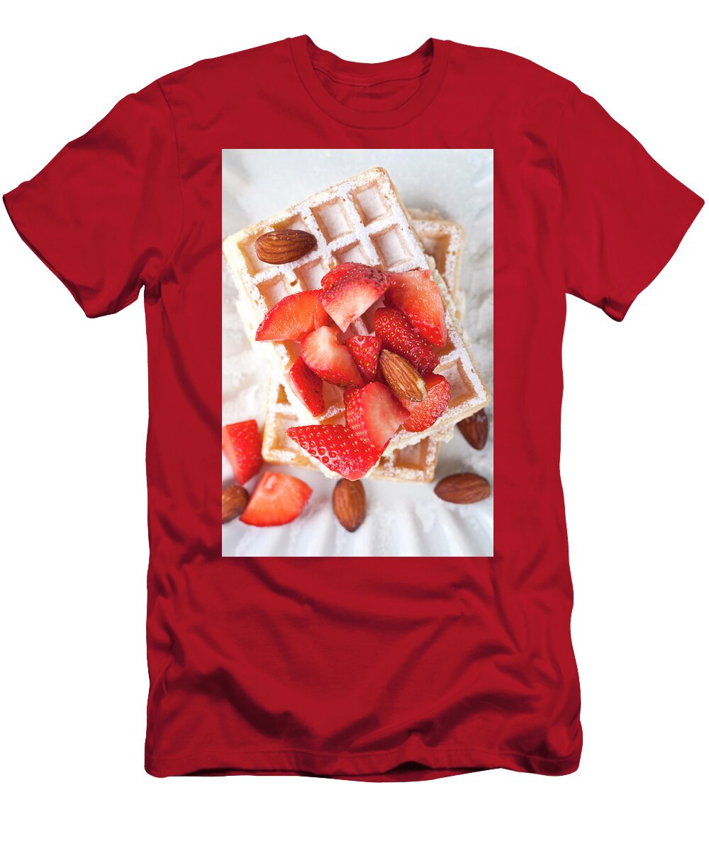 Belgium Waffers with Sugar Powder Strawberries Almonds and Cho Liss Art Studio T-Shirt