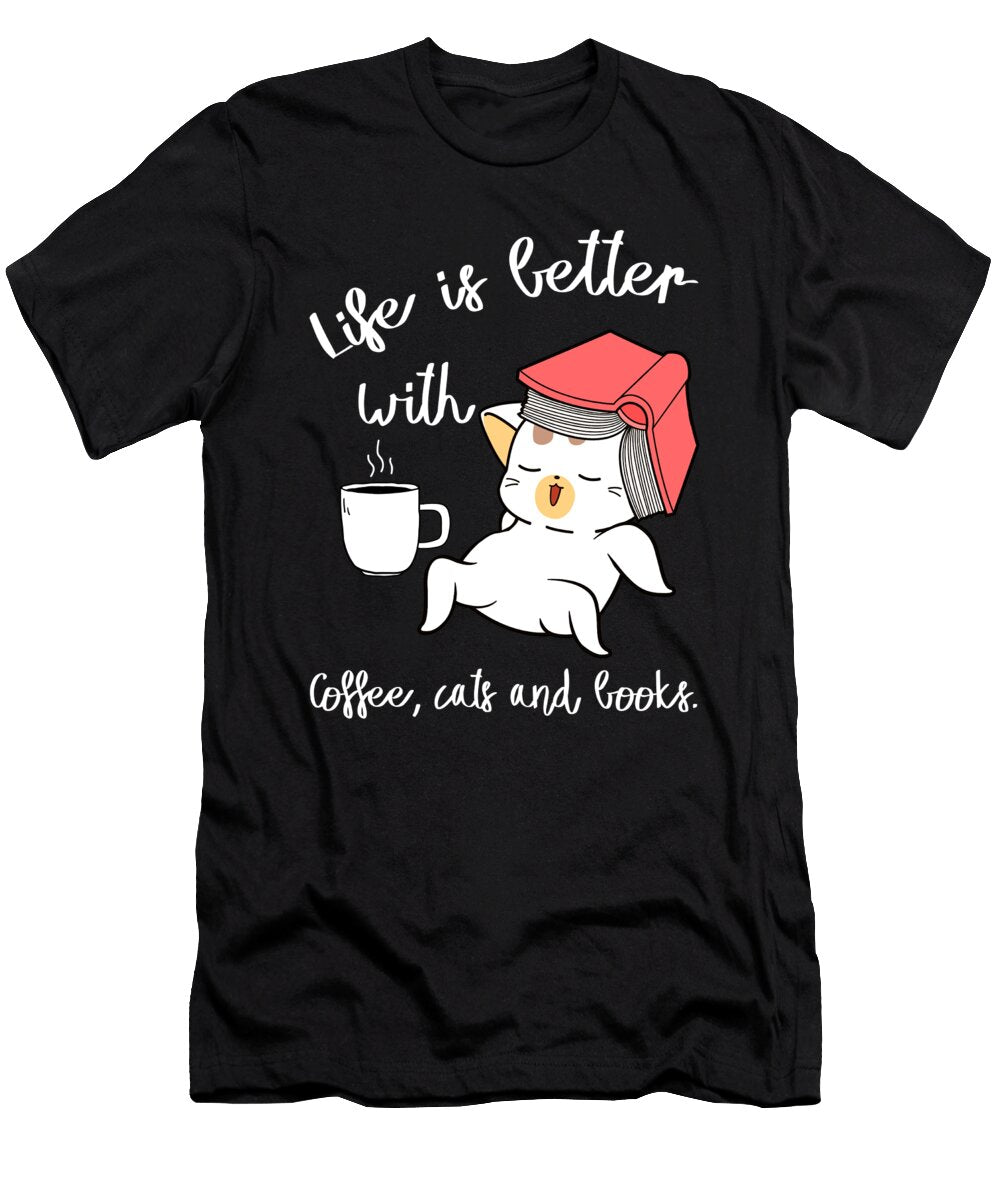Bibliophile Cat Mom Cat Dad Coffee Lover Book Lover Life Is Better Thomas Larch T-Shirt