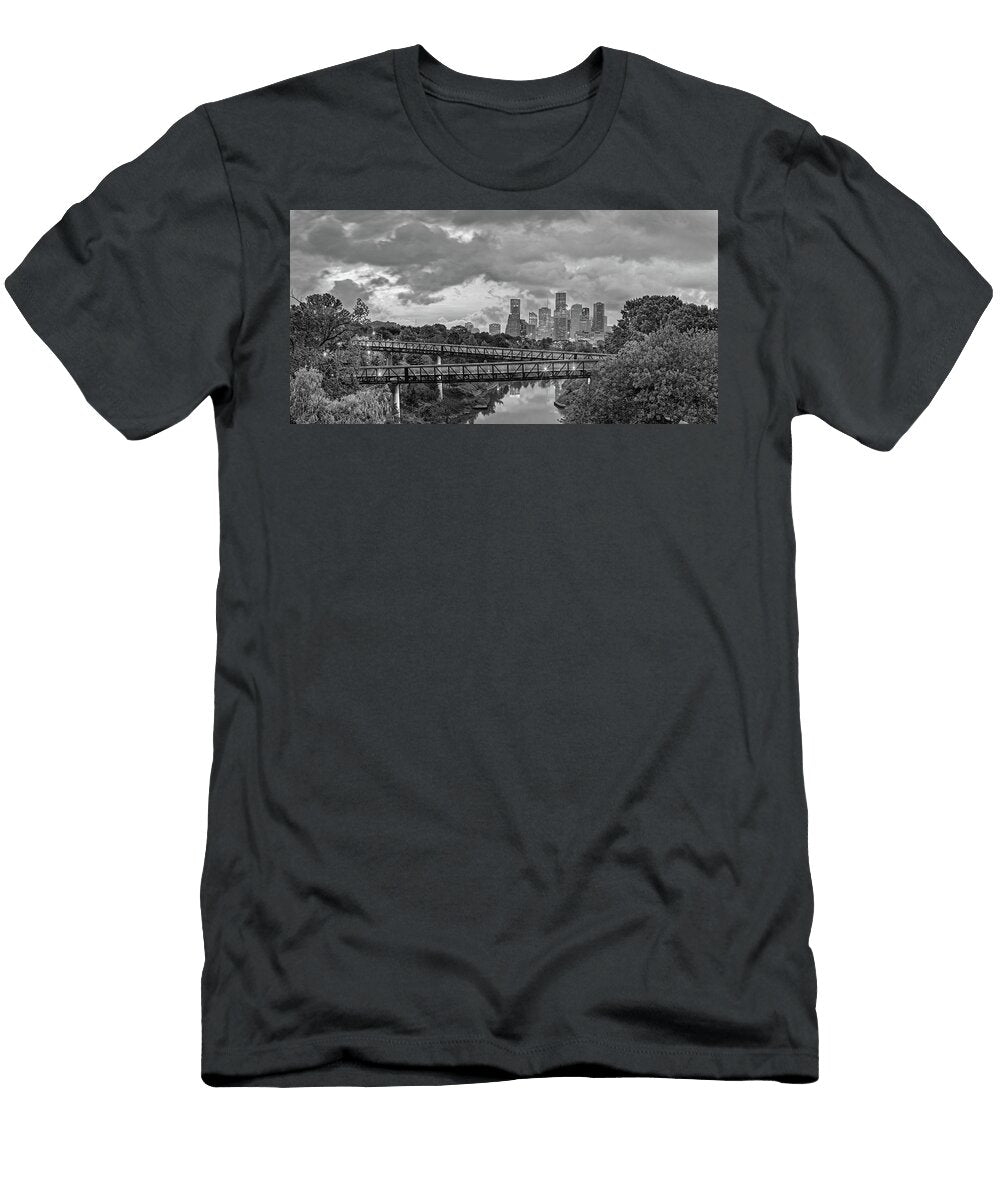 Black and White Panorama of Downtown Houston and Buffalo Bayou From the Studemont Bridge Texas Silvio Ligutti T-Shirt