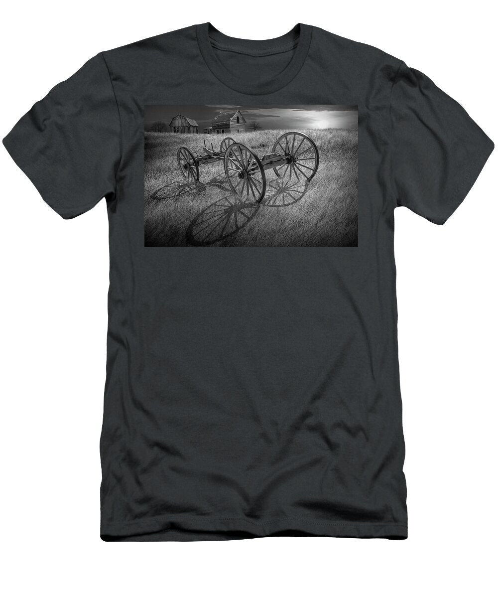 Black and White Photograph of a Farm Wagon Chassis in a Grassy F Randall Nyhof T-Shirt