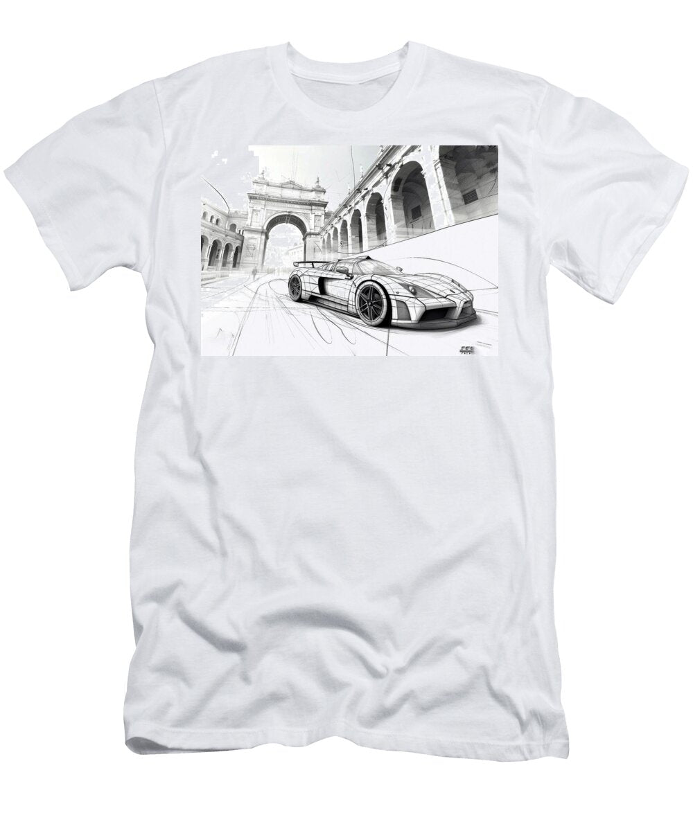 Black and White Sketch of a Sports Gumpert Apollo in a City Cortez Schinner T-Shirt