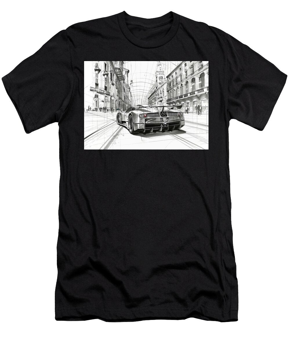 Black and White Sketch of a Supercar in a City Street Cortez Schinner T-Shirt