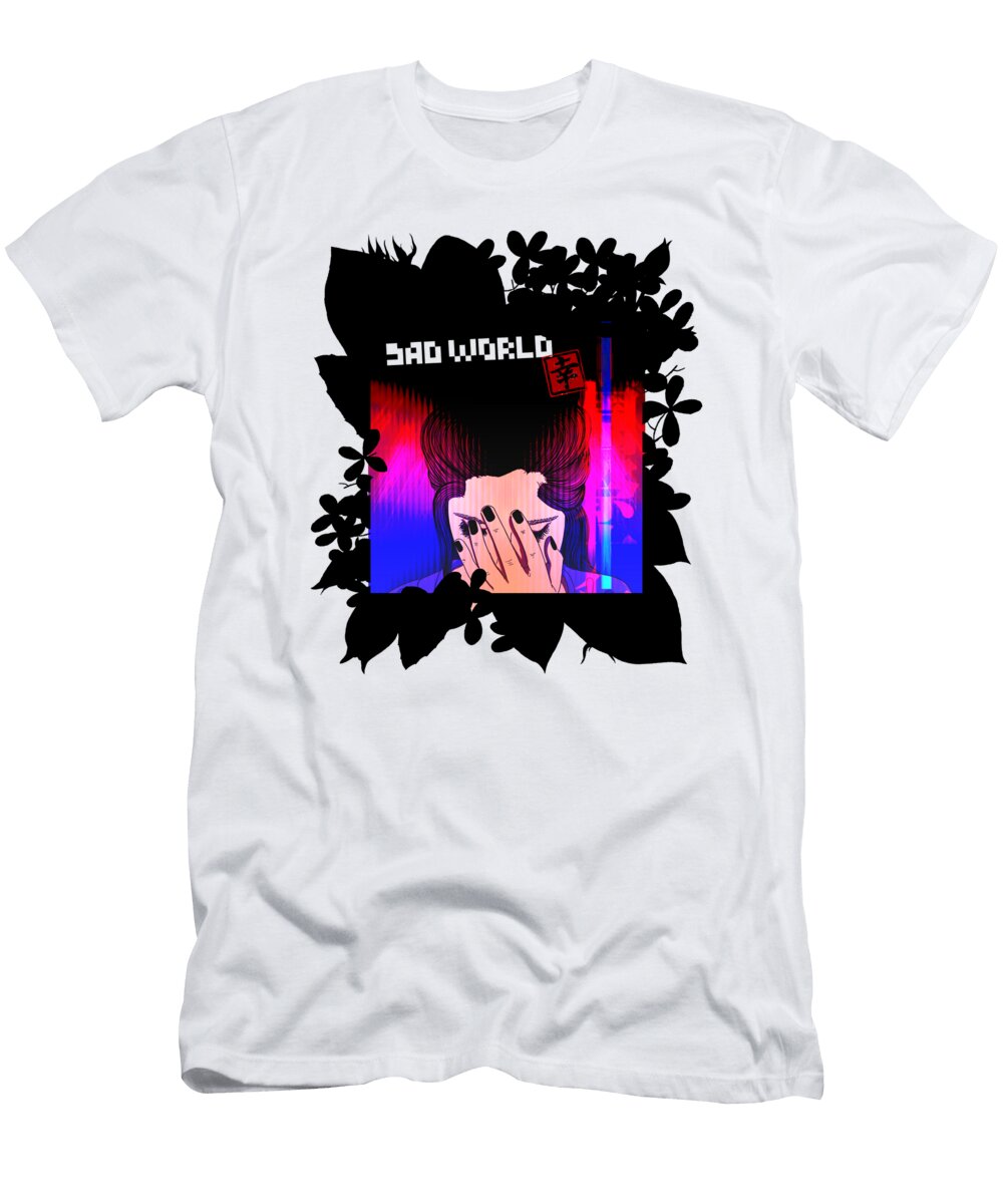 Black Flowers Sad Anime Girl Vaporwave Sad World Licensed Art T-Shirt