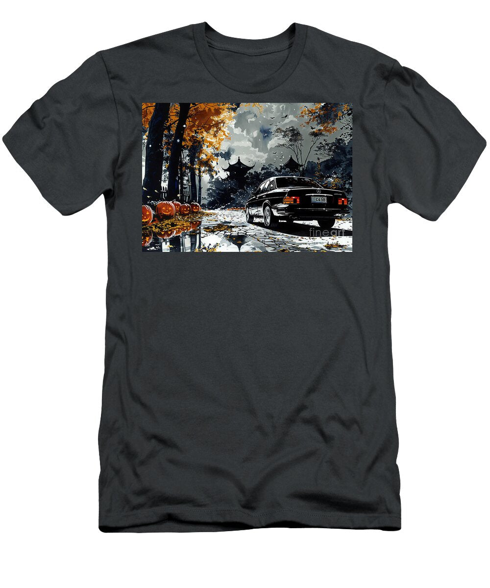 Black Mercedes Benz E Class Driving Away on a Halloween Road Clark Leffler T-Shirt