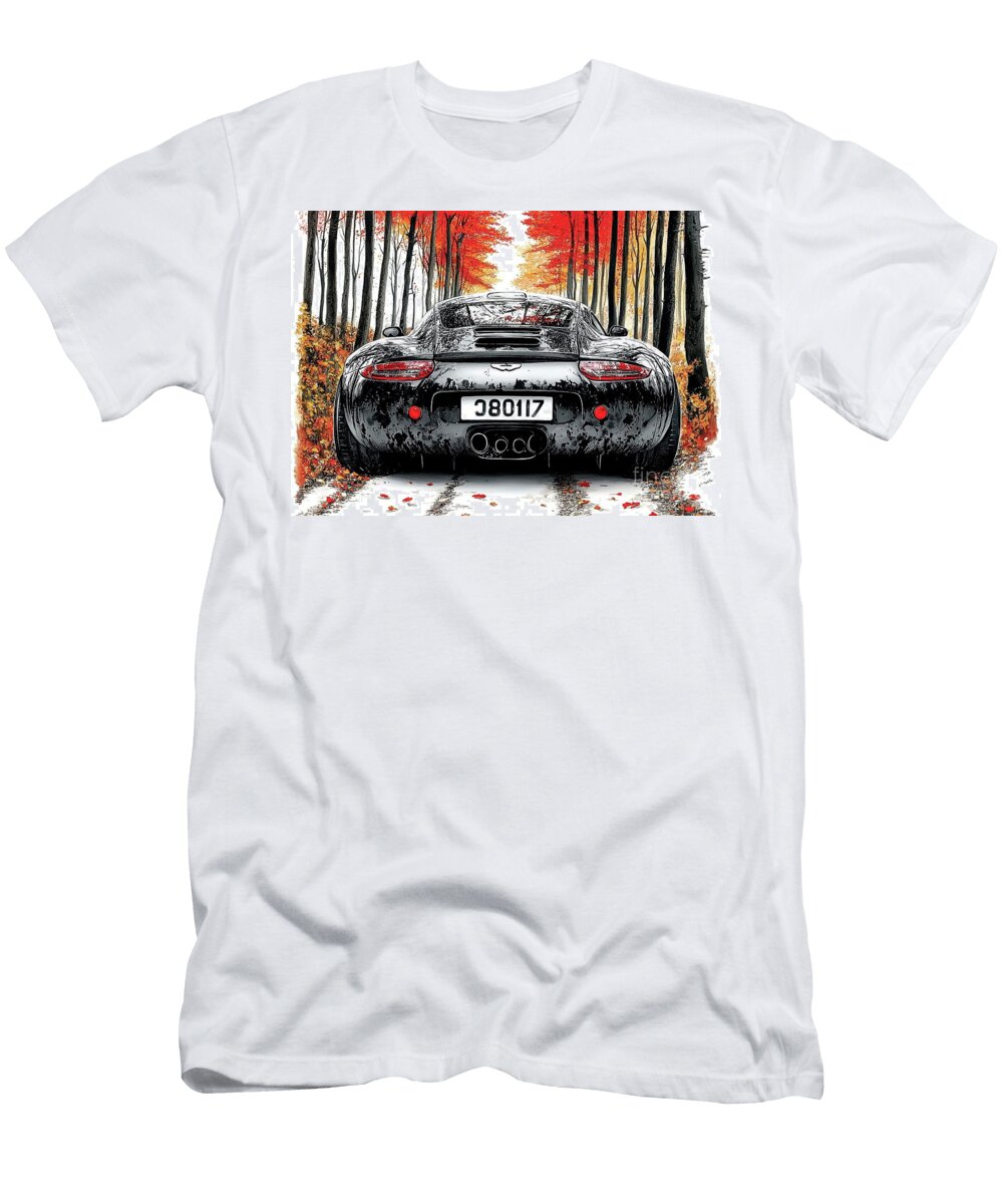 Black Sports Aston Martin Db11 Car in Autumn Forest Clark Leffler T-Shirt
