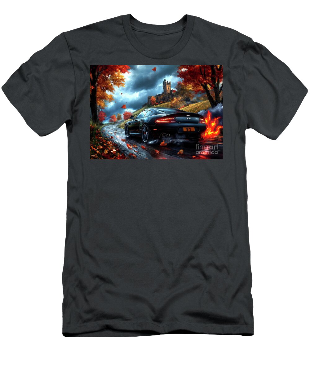 Black Sports Aston Martin Db9 Car Driving Through Autumn Scenery Clark Leffler T-Shirt