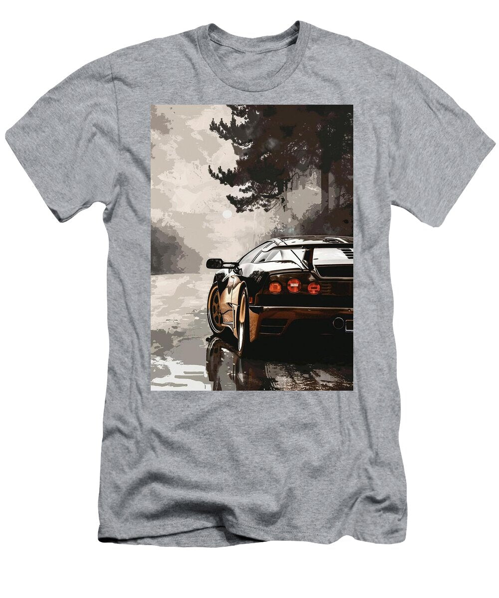 Black Sports Car on a Foggy Road a Classic Automotive Image Destiney Sullivan T-Shirt