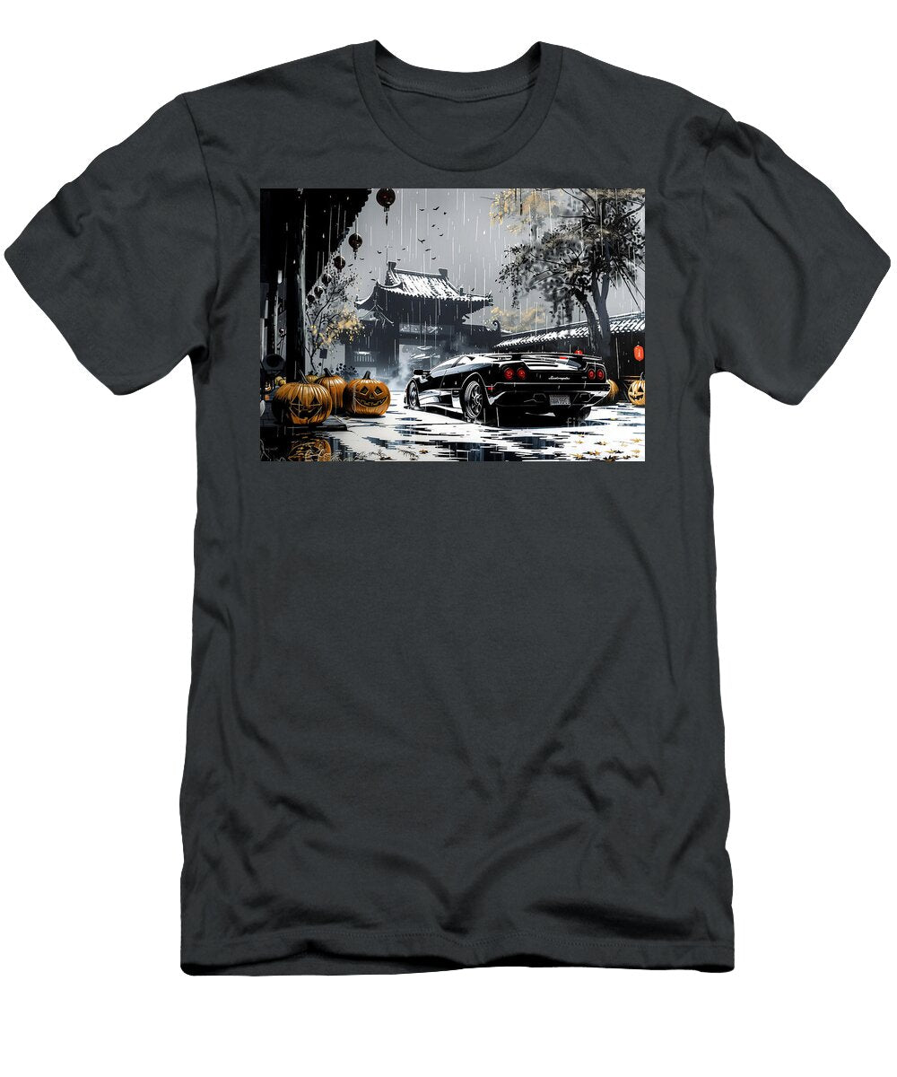 Black Sports Lamborghini Diablo Parked in a Rainy Japanese Street with Halloween Pumpkins Clark Leffler T-Shirt
