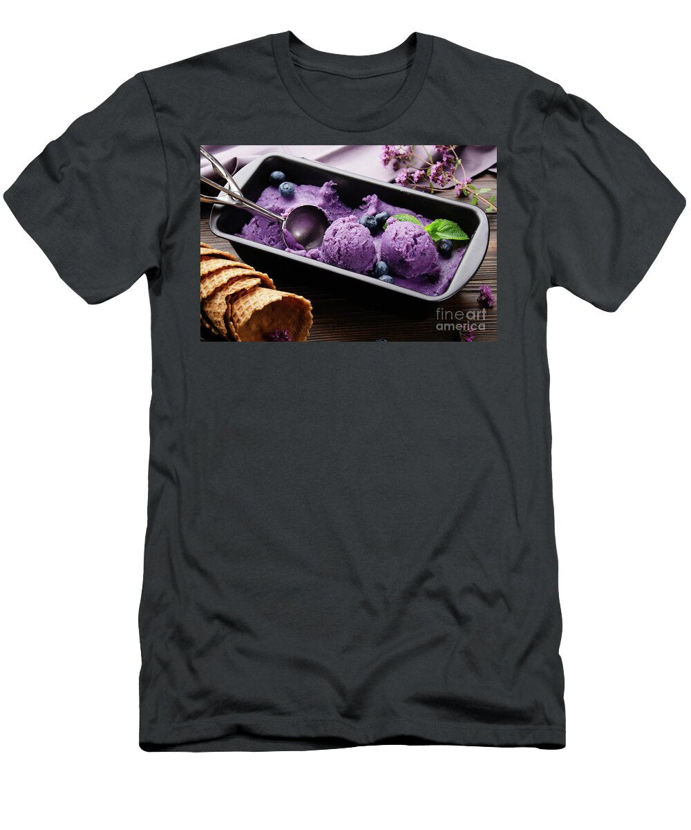 Blackberry Icecream in Tray with Wafer Cones Aside on Dark Woode Olena Mykhaylova T-Shirt