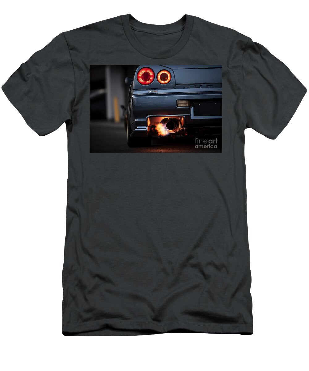 Blazing Exhaust of a Sports Car R34 Powerful Engine Sports Car Exhaust Flames Clint Mclaughlin T-Shirt