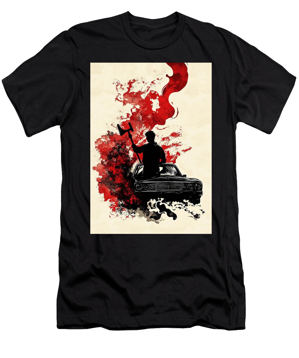 Blood Soaked Car and Axe Art a Mechanic with a Wrench and Car Rhys Jacobson T-Shirt