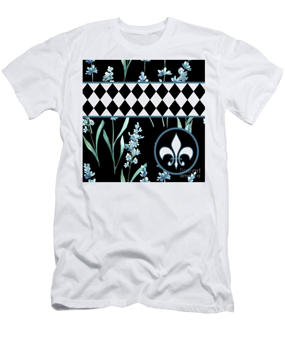 Blue Buds on Black with Argyle Band and Fleur De Lis My Greek Shops T-Shirt