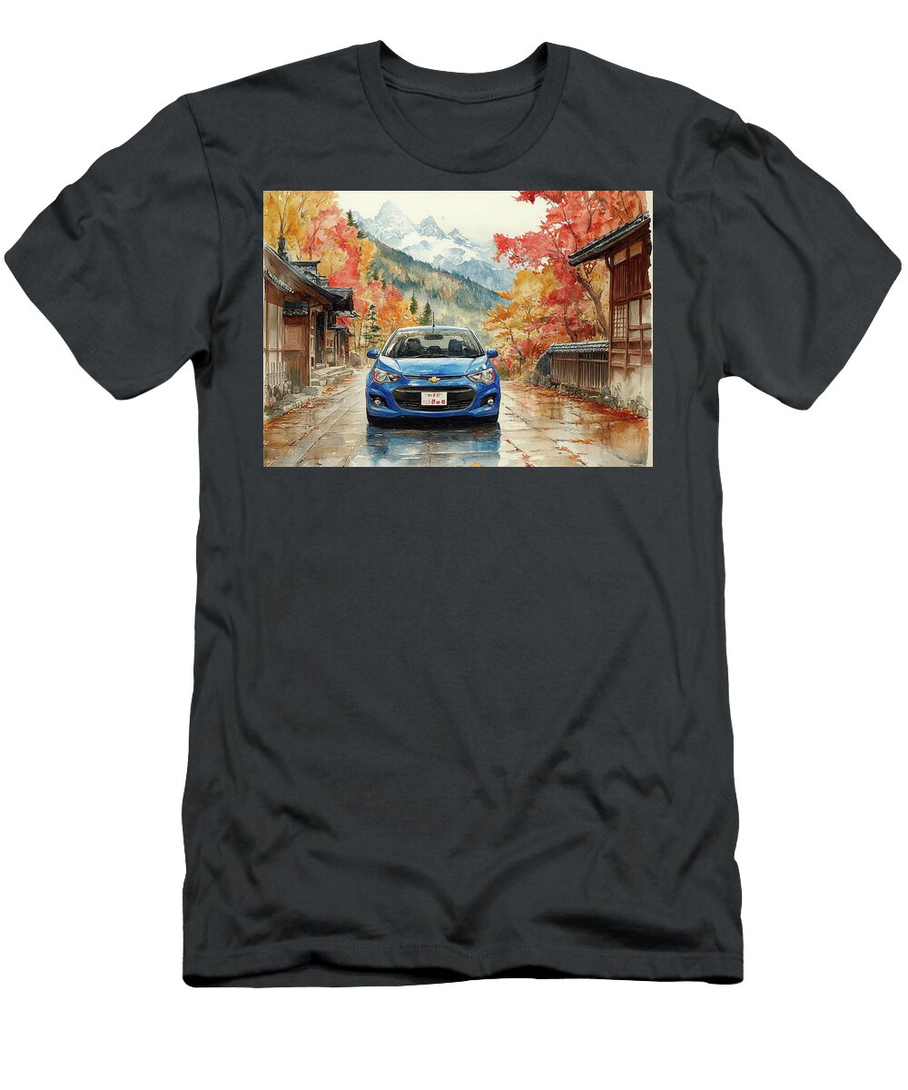 Blue Chevrolet Sonic Car on a Scenic Mountain Road in a Japanese Village Kyran Estrada T-Shirt