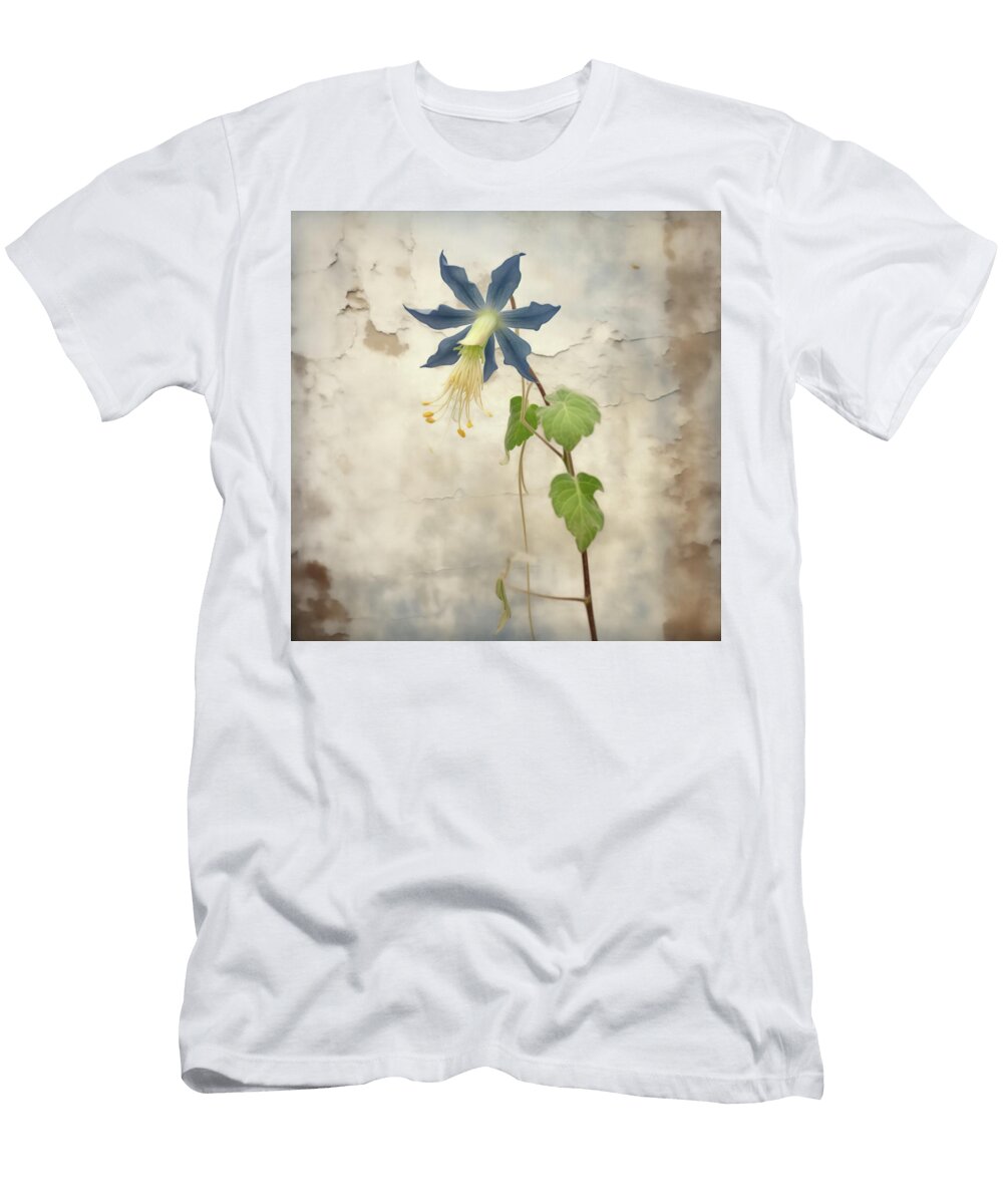 Blue Columbine and a Flaked Stucco Wall Yo Pedro T-Shirt