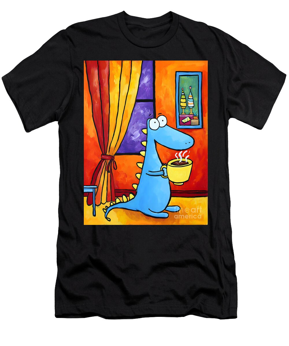 Blue Dinosaur Enjoying Coffee Olfactoart Studio T-Shirt