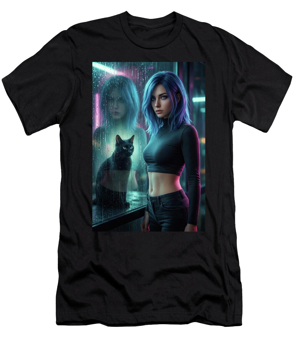 Blue Haired Woman with Cat Reflection Matthias Hauser T-Shirt