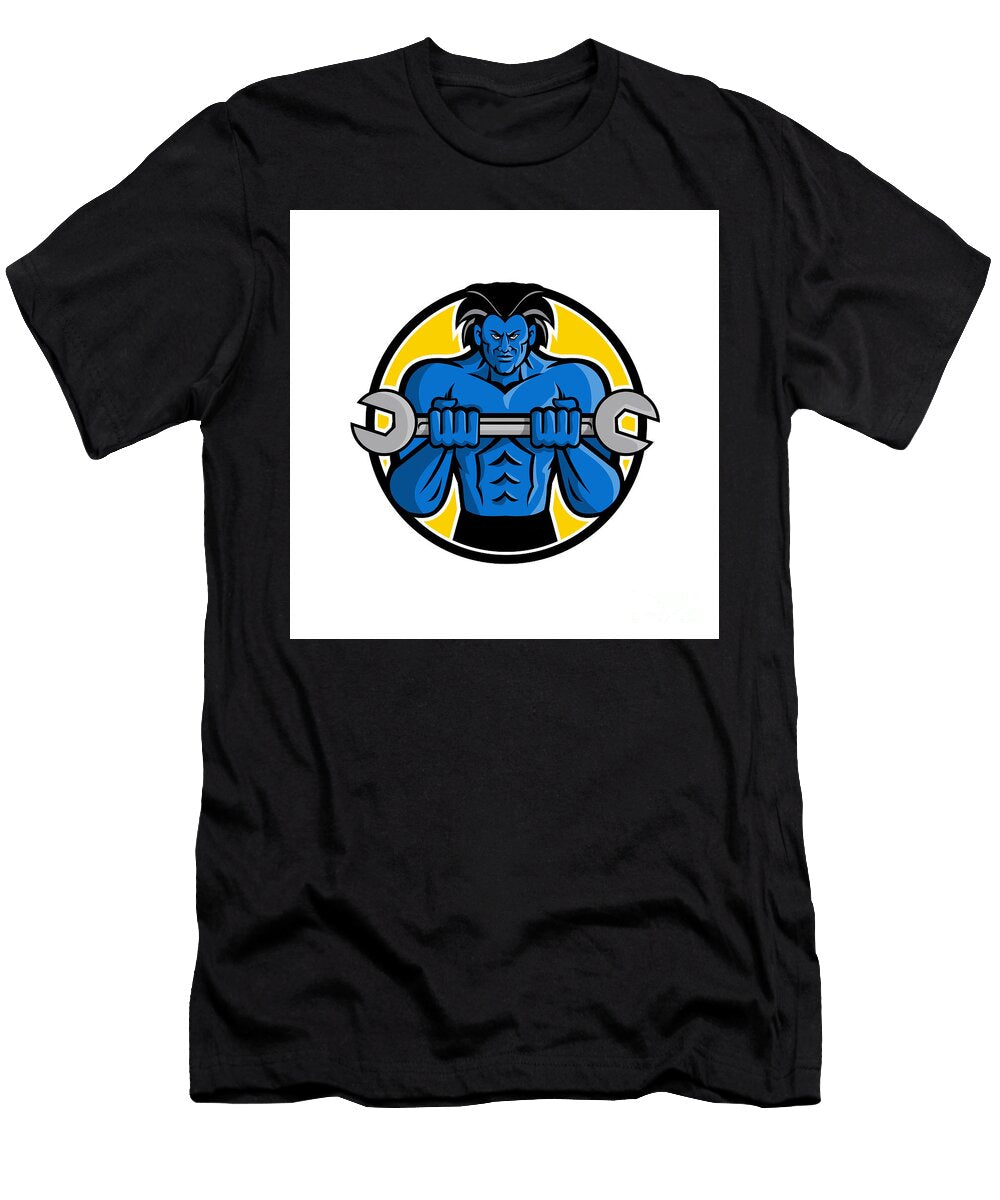Blue Muscular Monster Wrench Mascot Aloysius Patrimonio T-Shirt