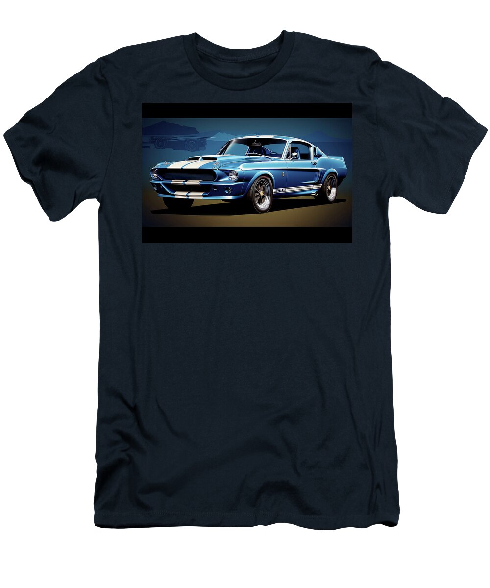 Blue Retro Ford Mustang Shelby Gt350 Front View Against a Dark B Boyan Dimitrov T-Shirt