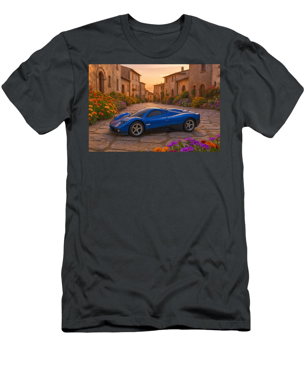 Blue Sports Car in Rustic Village Bruce Roker T-Shirt