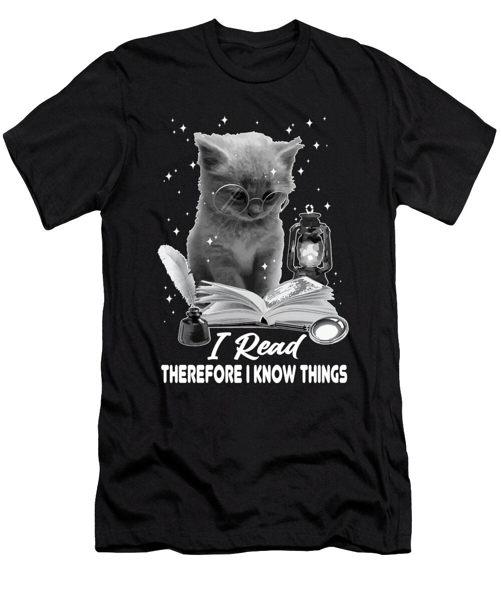 Book Lover I Read Therefore I Know Things Cat Reading a Book Maximus Designs T-Shirt