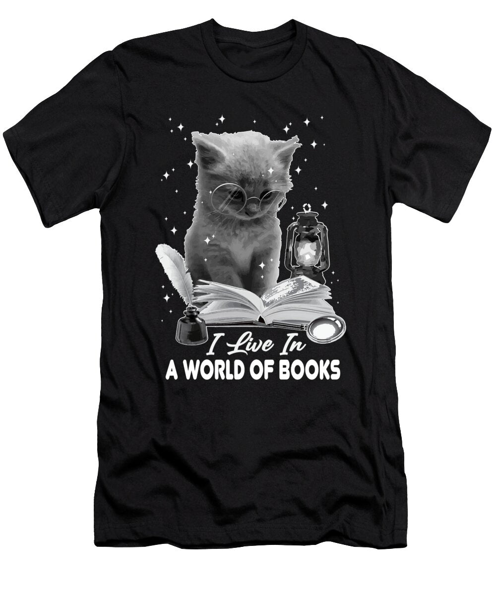 Bookish I Live in a World of Books Cat Reading a Book Lover Maximus Designs T-Shirt