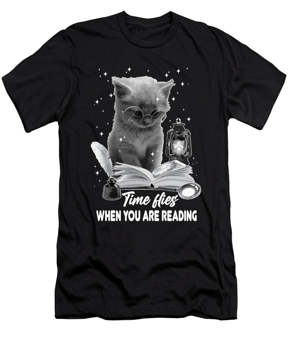 Bookworm Cat Reading a Book Time Flies When You Are Reading Maximus Designs T-Shirt