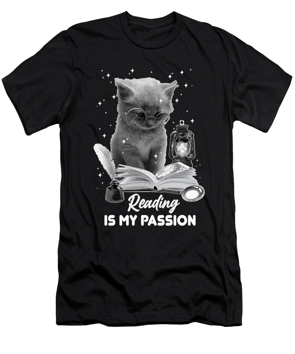 Bookworm Reading Is My Passion Cat Reading a Book Librarian Maximus Designs T-Shirt