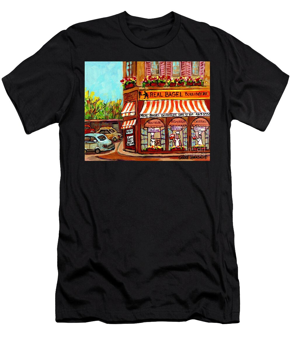 Boulangerie Paintings Real Bagel Bakeshop Ndg Deli Sandwiches Fromagerie Montreal Memories Art Carole Spandau T-Shirt