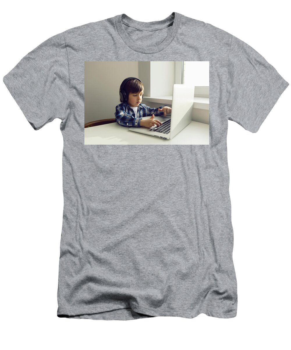 Boy Child Sits At a Table Near the Window with a Laptop and Communicates with Relatives Elena Saulich T-Shirt