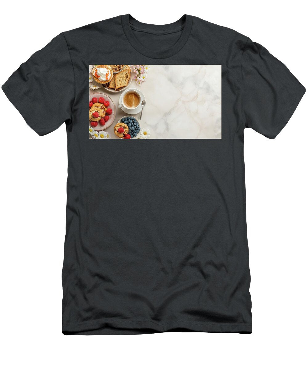 Breakfast with Pastry Berries and Coffee on Marble Background Flat Lay Lily Malor T-Shirt