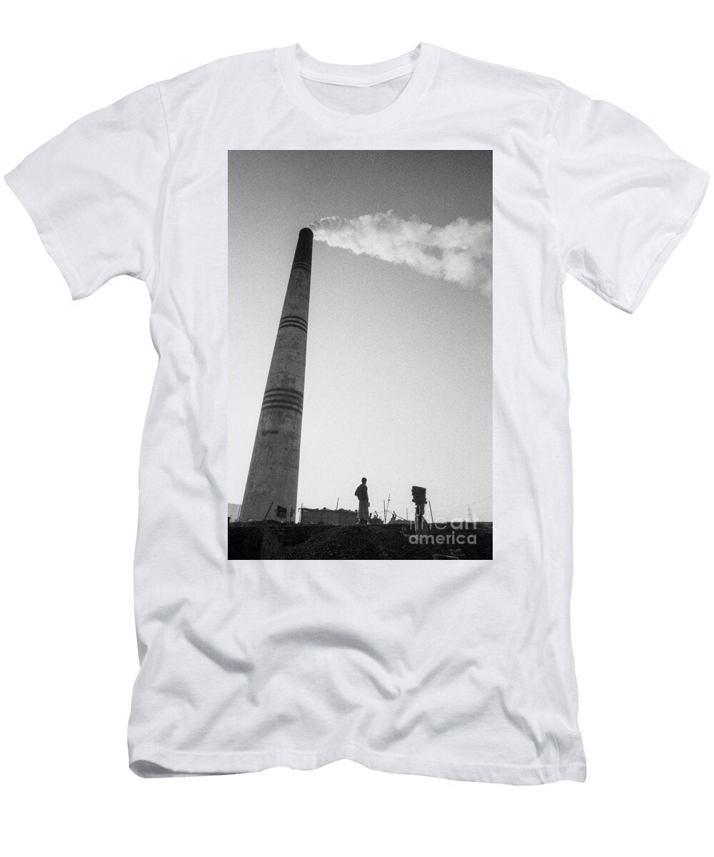 Brick Kiln Smoke and Man Bearing Bricks At a Brickyard At Savar North of Dhaka in the Dry Season Rupert Grey T-Shirt