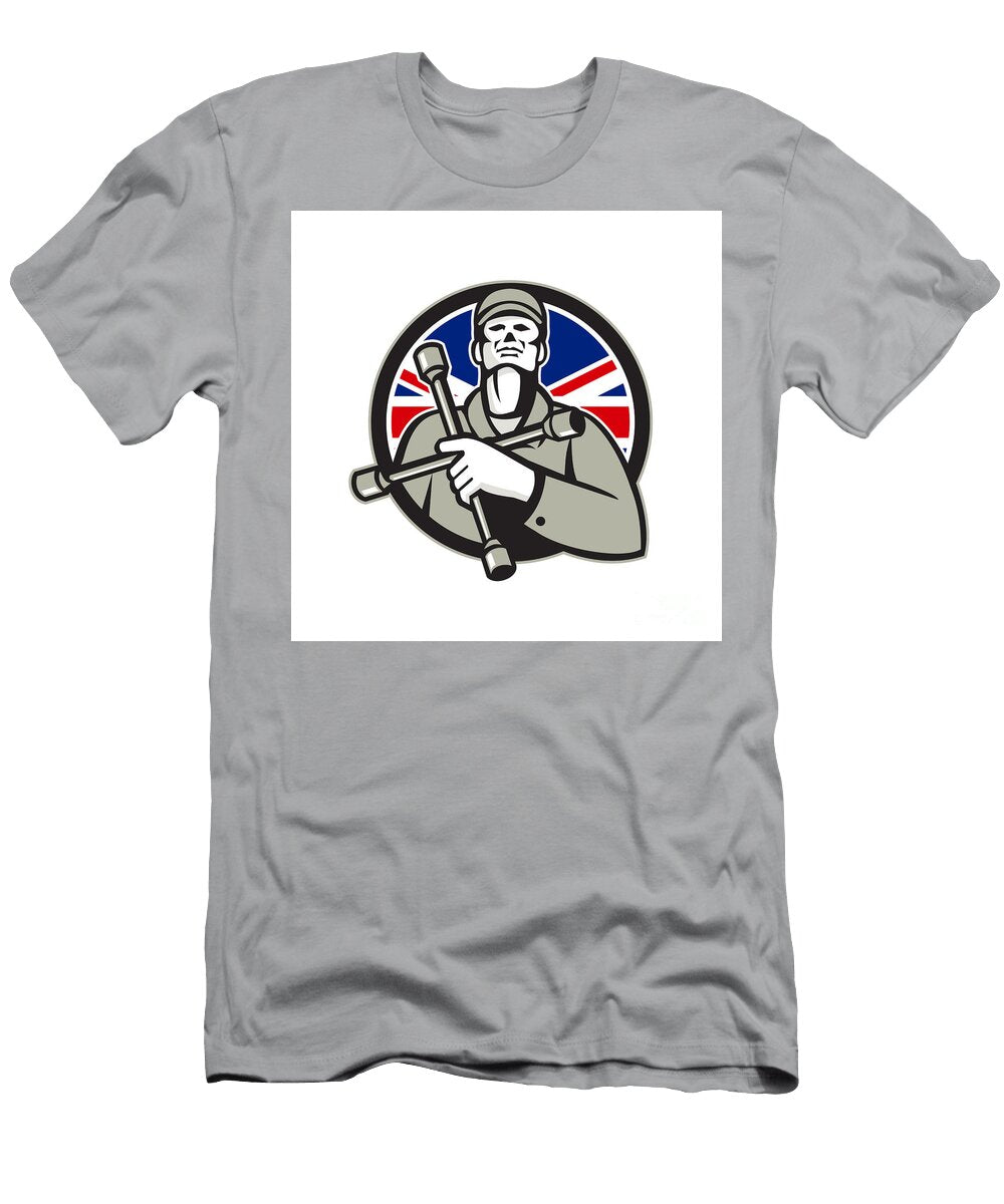 British Tyre Technician Lug Wrench Union Jack Flag Circle Icon Aloysius Patrimonio T-Shirt