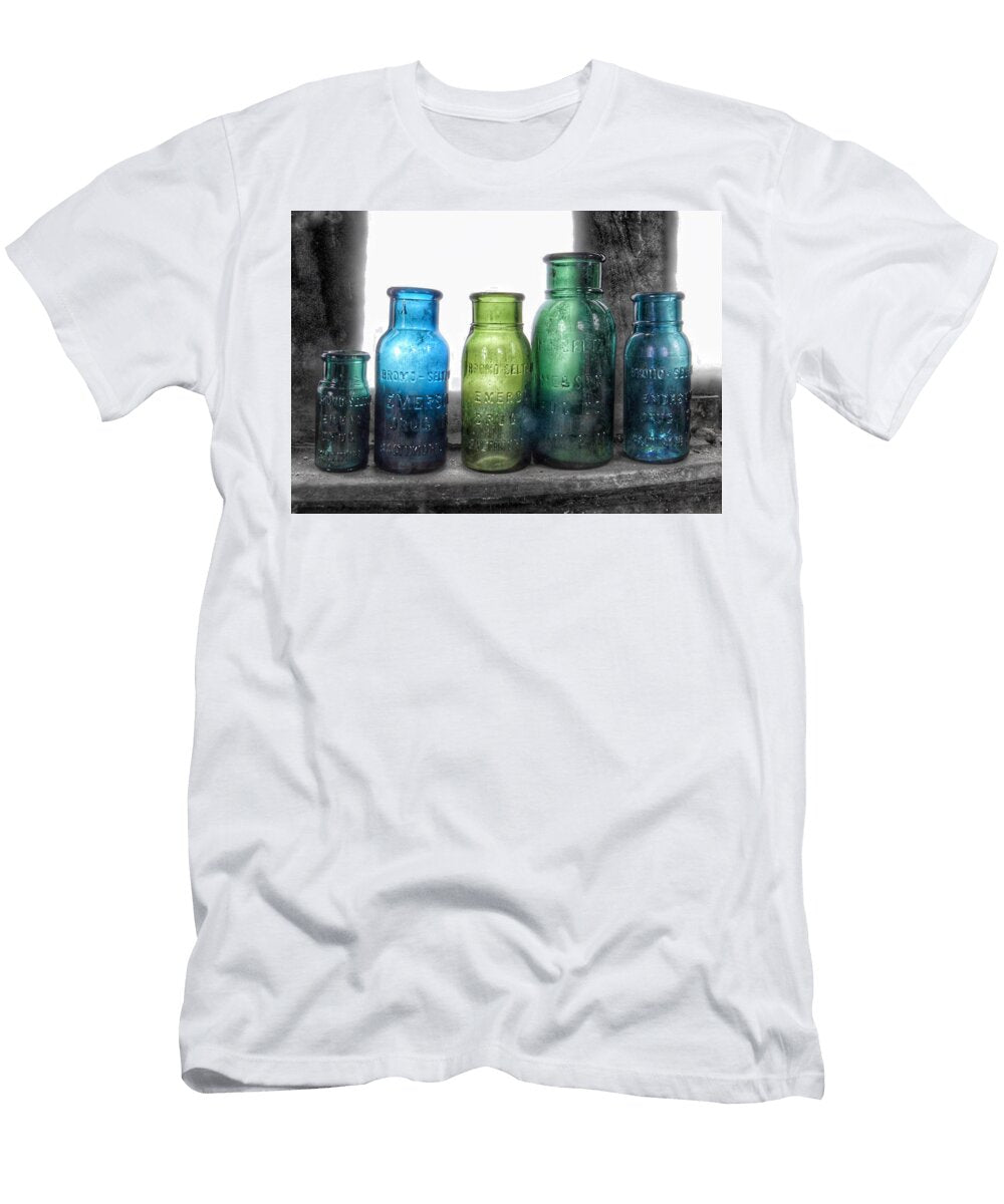 Bromo Seltzer Vintage Glass Bottles Collection Rare Green and Blue 8 Marianna Mills T-Shirt
