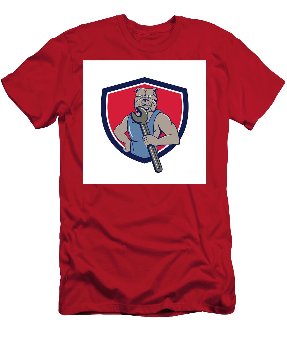 Bulldog Mechanic Holding Wrench Shield Cartoon Aloysius Patrimonio T-Shirt