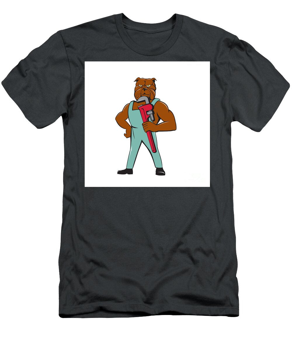 Bulldog Plumber Monkey Wrench Standing Cartoon Aloysius Patrimonio T-Shirt