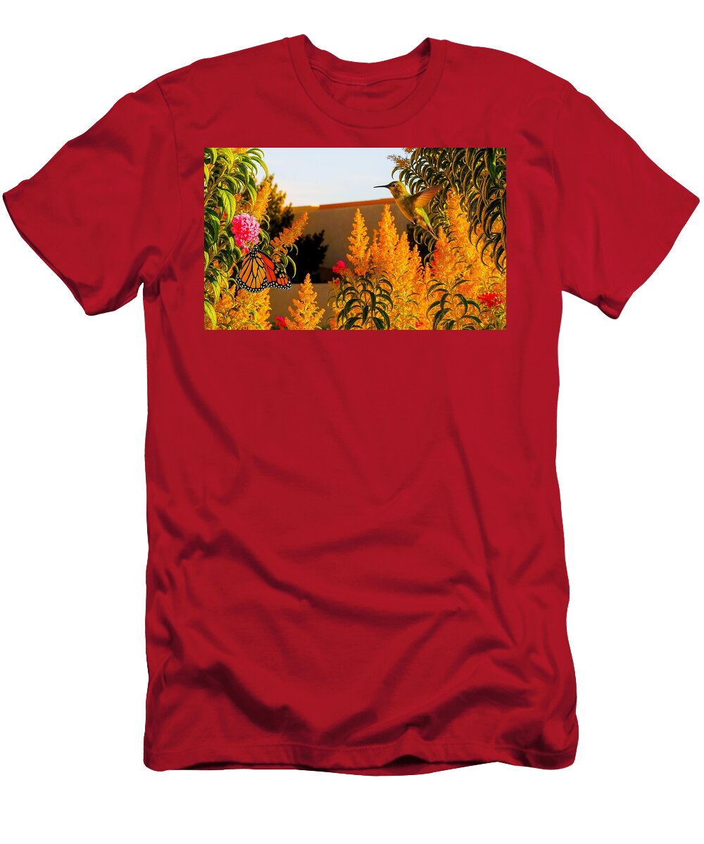 Butterfly and Hummingbird in Golden Light Mario G Rivera T-Shirt