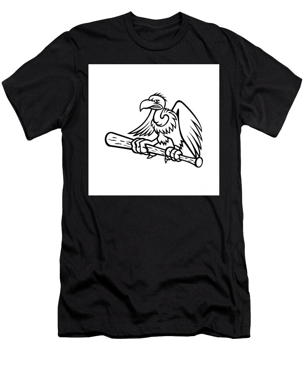 Californian Condor Clutching Perching on a Baseball Bat Mascot Black and White Aloysius Patrimonio T-Shirt