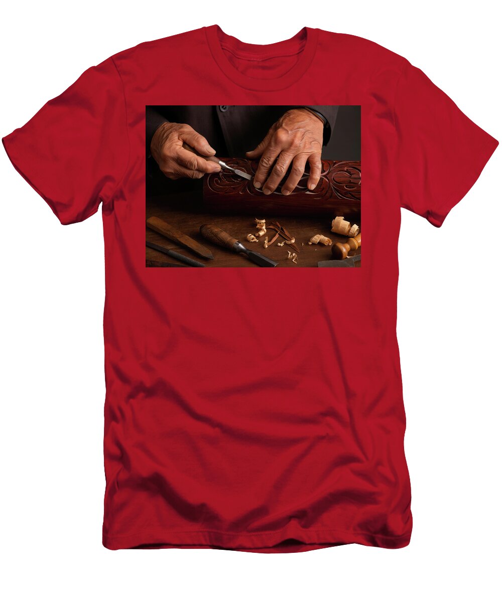 Calloused Hands of an Elderly Woodworker Using a Chisel to Carve Psychoshadow Art T-Shirt
