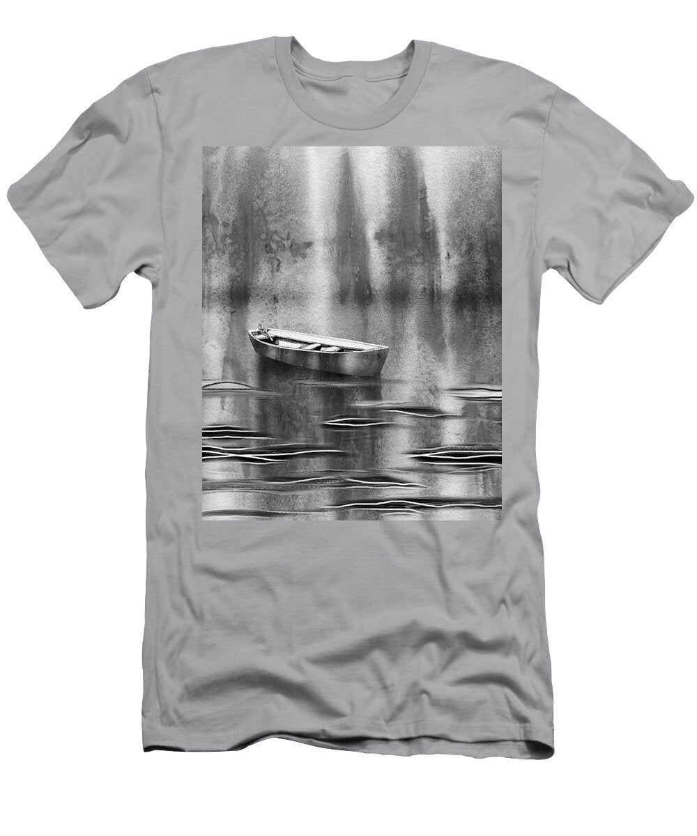 Calm Waters Boat on the Peaceful Lake in Gray Watercolor Irina Sztukowski T-Shirt