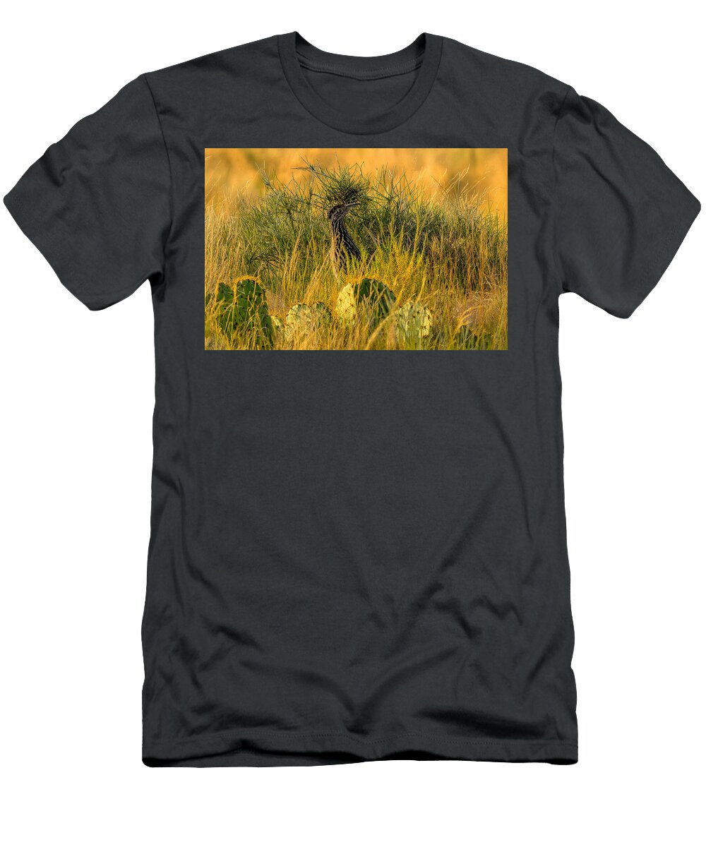 Camouflaged Roadrunner in Grassy Field Mario G Rivera T-Shirt