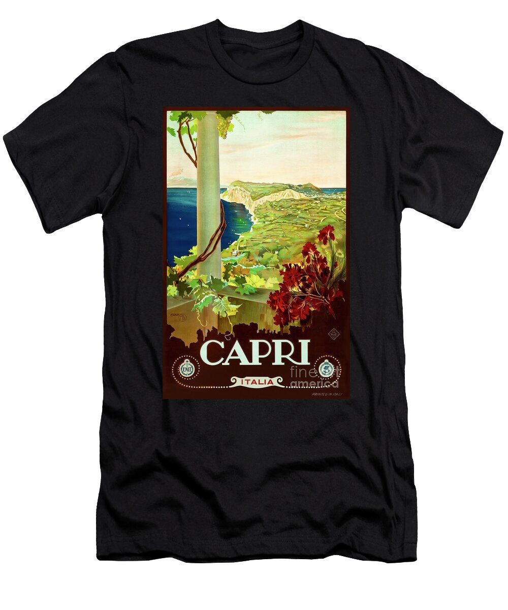 Capri 1920s Tourism Poster Showing the View From the Pergola At Villa San Michele Down the Sorrentine Peninsula with Mount Vesuvius in the Far Distance Mario Borgoni T-Shirt