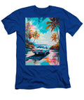 Car Graphic Mustang in a Tropical Beach Scene Garage Mancave Destiney Sullivan T-Shirt