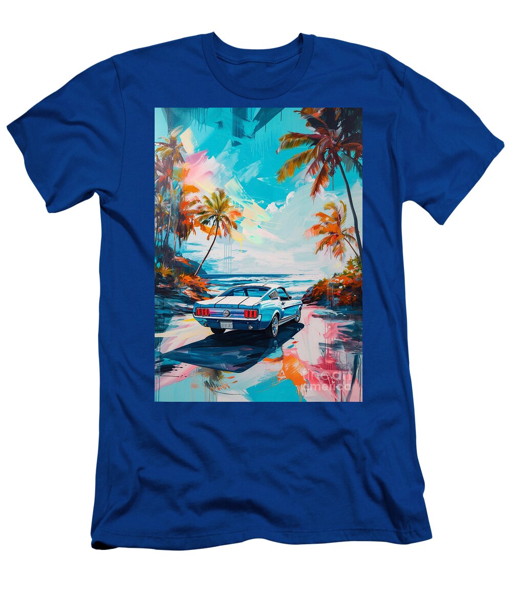 Car Graphic Mustang in a Tropical Beach Scene Garage Mancave Destiney Sullivan T-Shirt