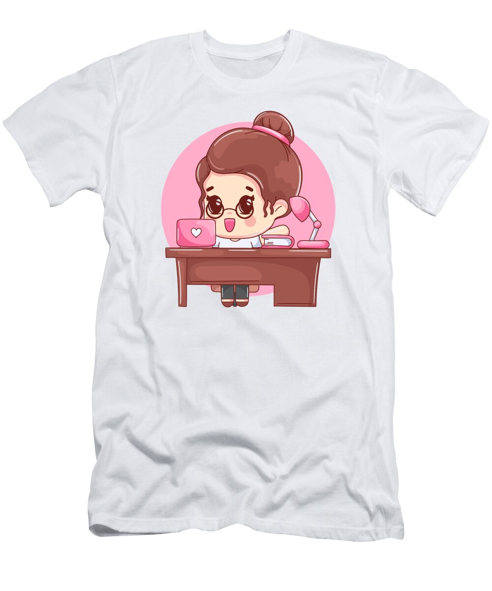 Cartoon Style Female Worker Sitting Behind Her Desk with Her Laptop and Notepads Ursula Amaya Garnique T-Shirt