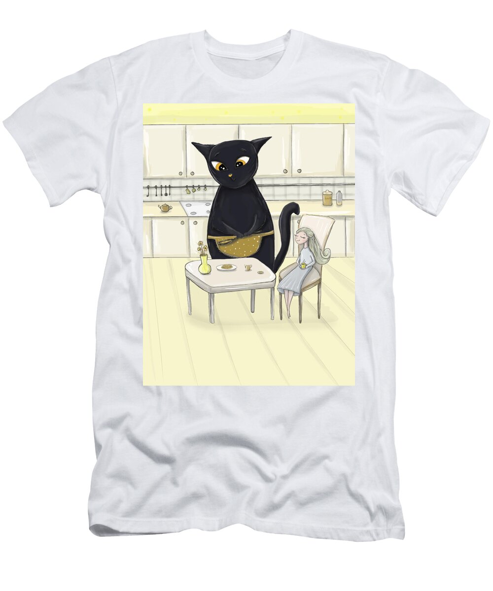 Cat and Girl in the Kitchen Mariya Kartashova T-Shirt