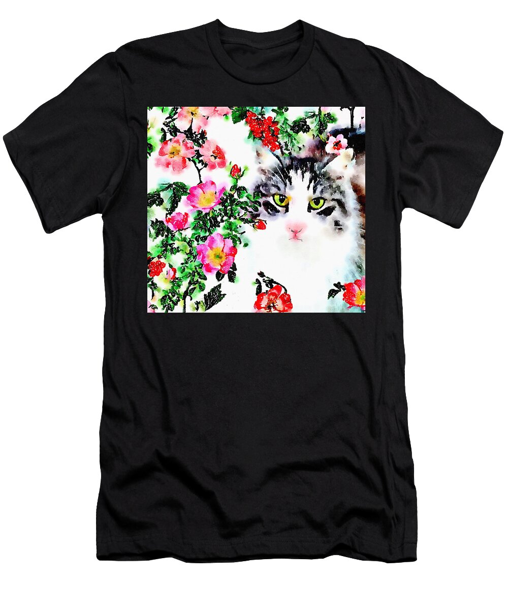 Cat and Wild Roses Zelda Tessadori T-Shirt