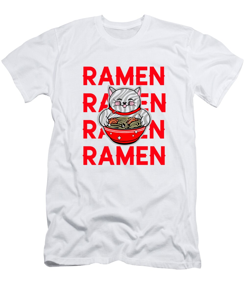 Cat Eating Ramen Noodles Bowl Kathleen Sartoris T-Shirt