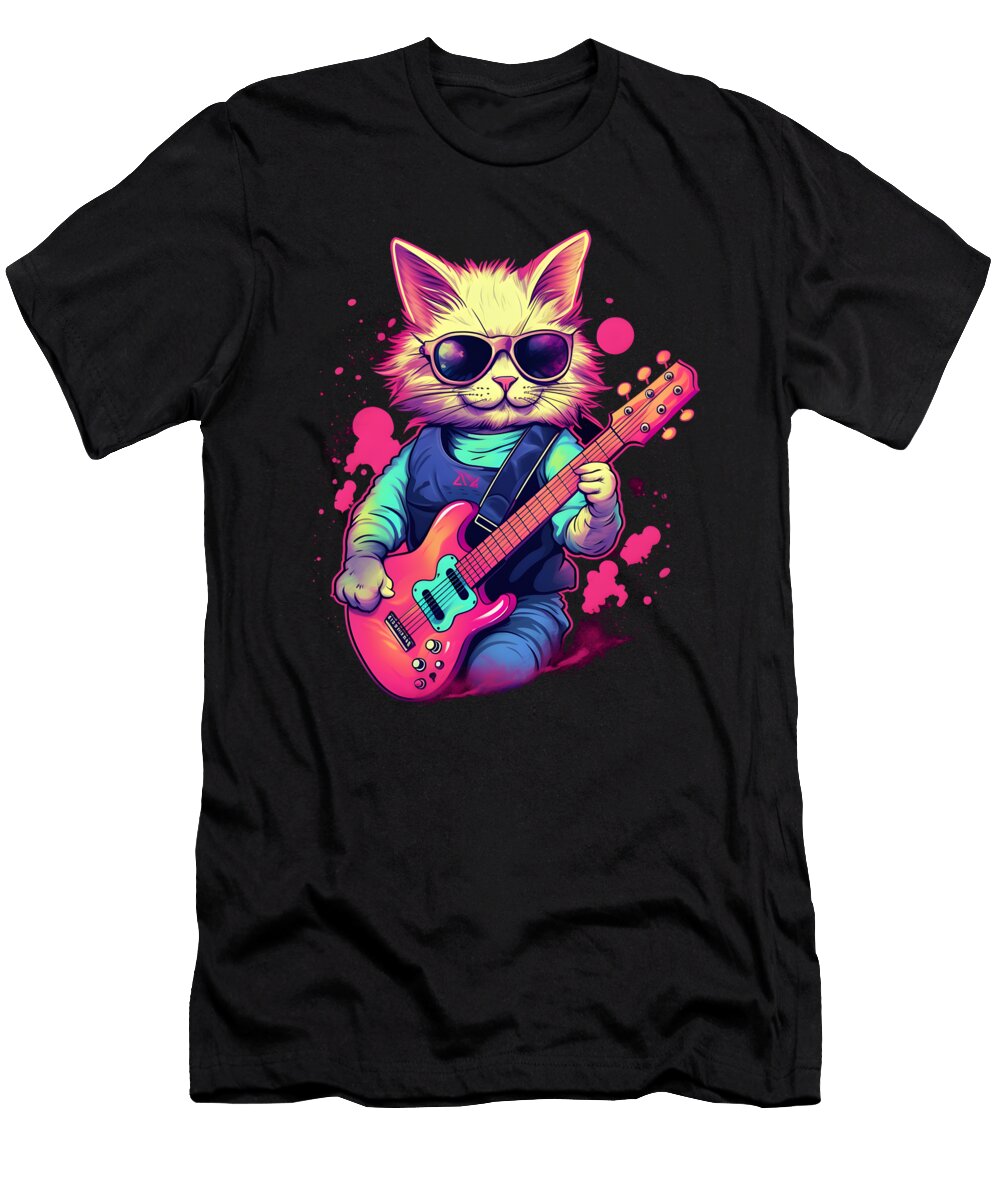 Cat Playing Guitar Synthwave Guitarist Kitty Orgence Matungwa T-Shirt