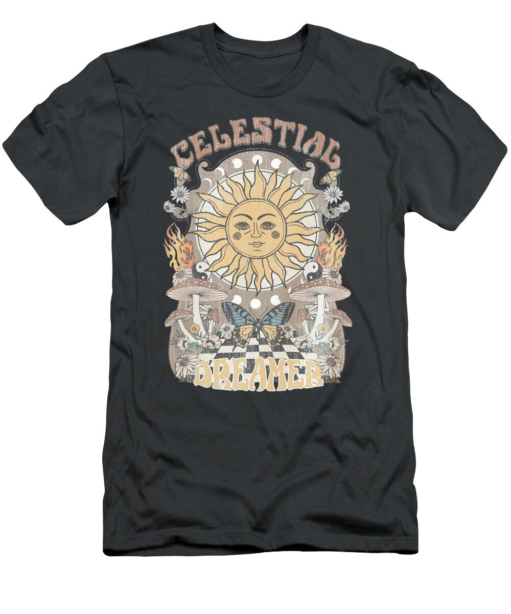 Celestial Sun and Moon Boho Illustration Whimsical Mushroom Butterfly Wall Art Dreamy Spiritual Deco Antoine Mitchell T-Shirt