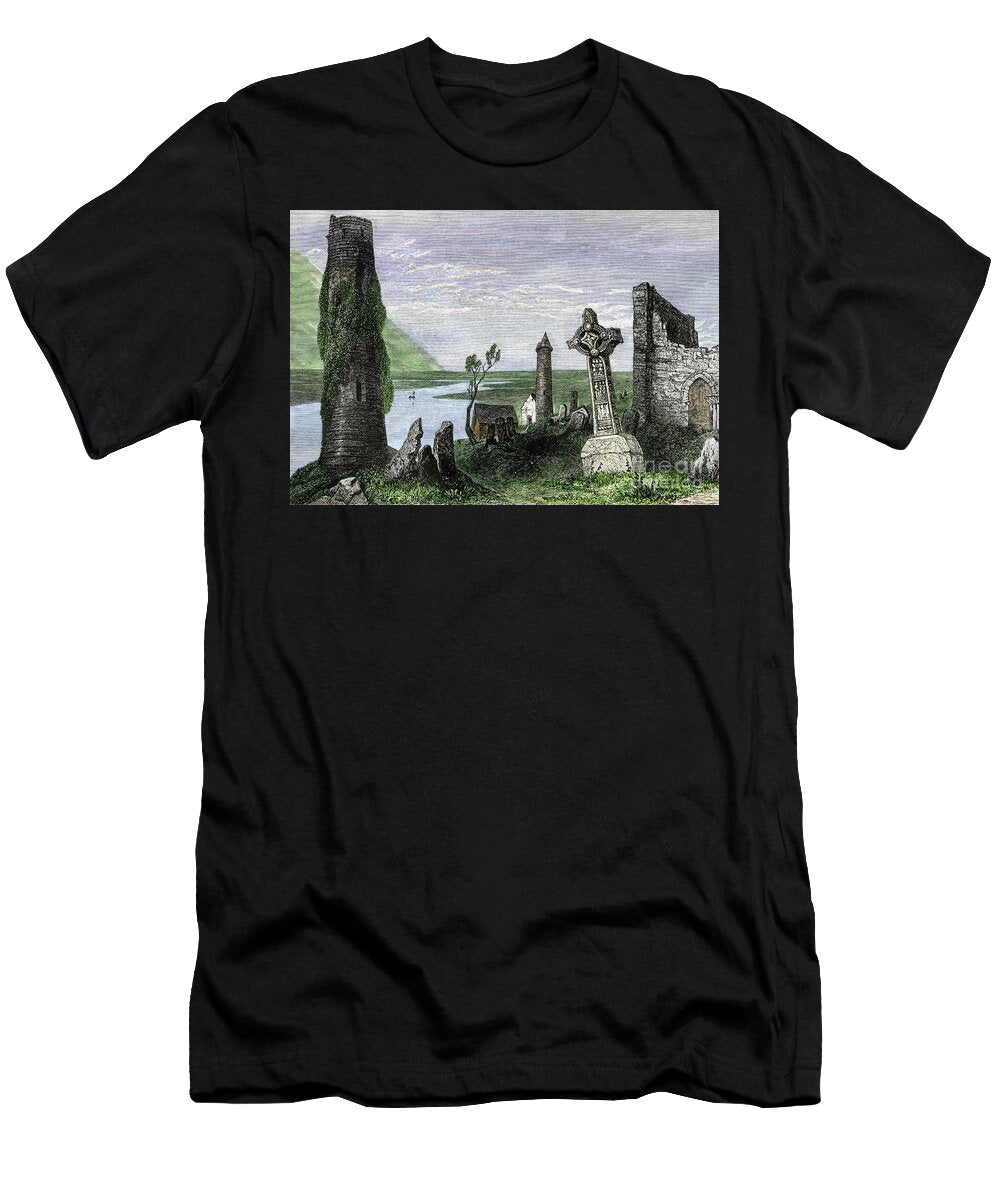 Celtic Crosses Among the Ruins of the 6th Century Clonmacnoise Abbey in Ireland Along the Shannon River Colour Engraving of the 19th Century American School T-Shirt